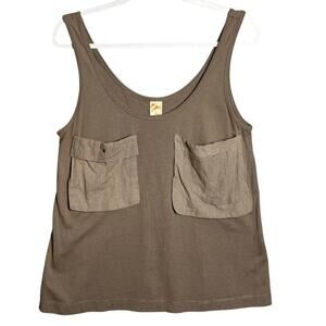 C.Keer Anthropologie Sz M Brown Linen Pouch Pocket Tank Top Lagenlook minimalist